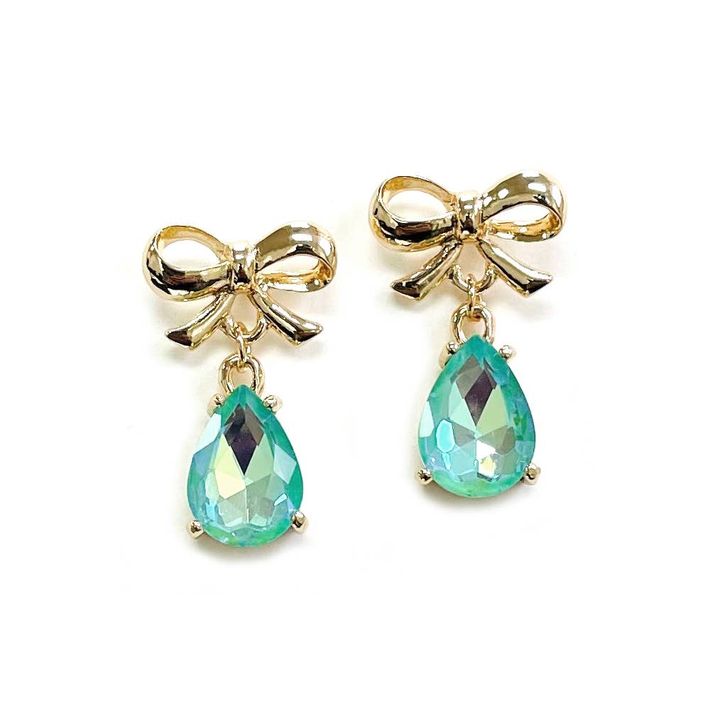Gold Top Bow w/ Teardrop Glass Dangle Earrings