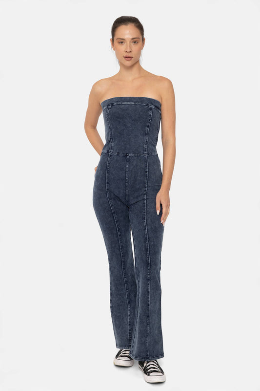 Denim Strapless Flared Jumpsuit