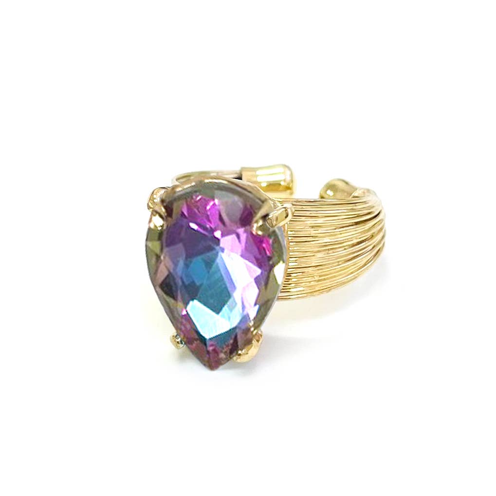 Teardrop Glass Crystal Cocktail Bead Adjustable Wire Ring