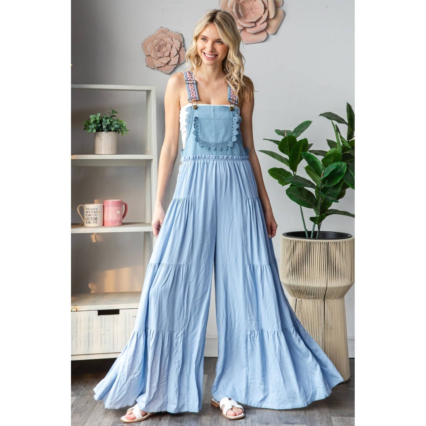 Embroidered Strap Flowy Jumpsuit
