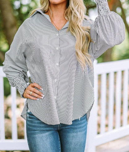 Striped Smocked Sleeve Buttoned Shirt