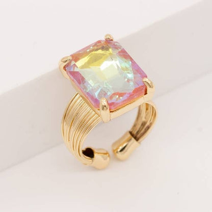 Square Glass Cushion Cut Cocktail Adjustable Wire Ring