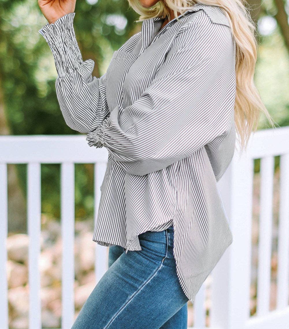 Striped Smocked Sleeve Buttoned Shirt