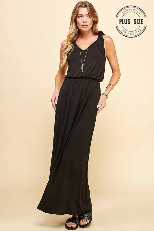 Stylish SPD7006P - PLUS SIZE SOLID SMOCKING WAISTBAND MAXI DRESS with flattering fit, perfect for any occasion.