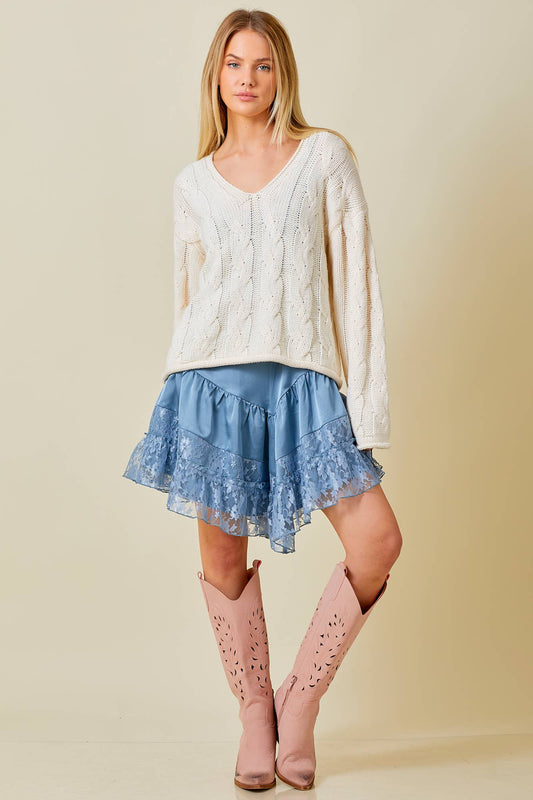 CABLE KNIT SWEATER - V-Neck
