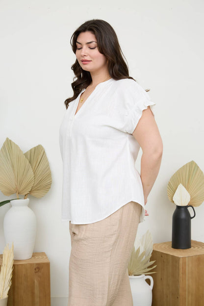 Curvy Ruched Sleeve Linen Blouse