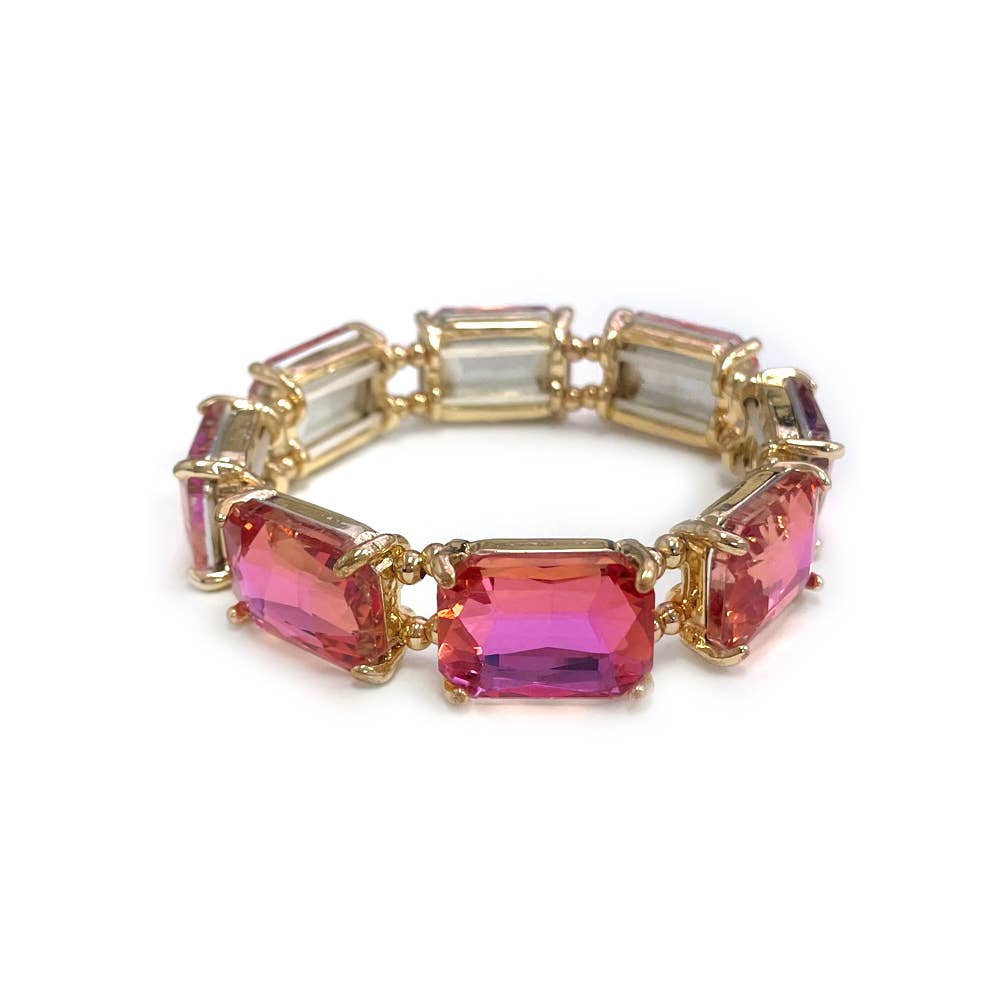 Rectangular Glass Crystal Linked Stretch Bracelet