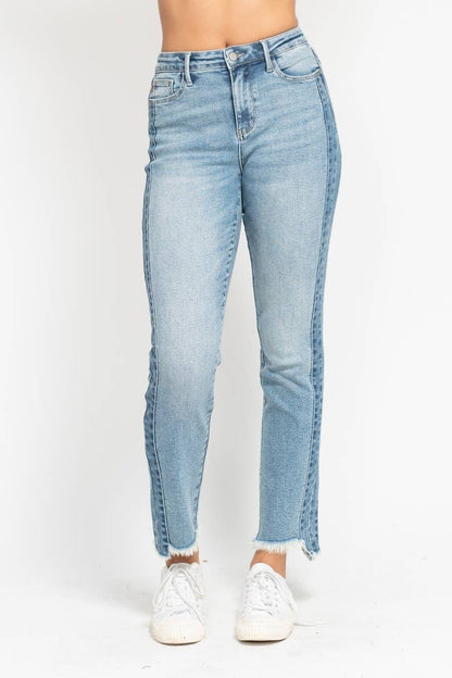 The Side Hustle Straight jeans in vintage wash with side panel detail and hi-lo fray hem.