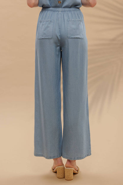DRAWSTRING WAIST WIDE LEG CHAMBRAY PANTS