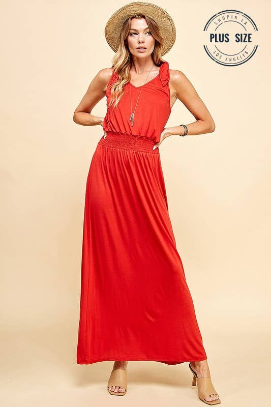 Stylish SPD7006P - PLUS SIZE SOLID SMOCKING WAISTBAND MAXI DRESS in vibrant red, perfect for any occasion.