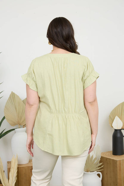 Stylish Curvy Ruched Sleeve Linen Blouse with elastic detail and a lightweight design, perfect for warm weather.