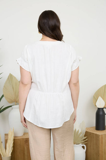 Curvy Ruched Sleeve Linen Blouse