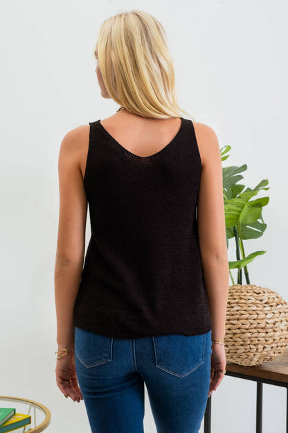 Solid black Knit Tank Top with scoop neckline, sleeveless design, and lightweight knit fabric from ShopName.