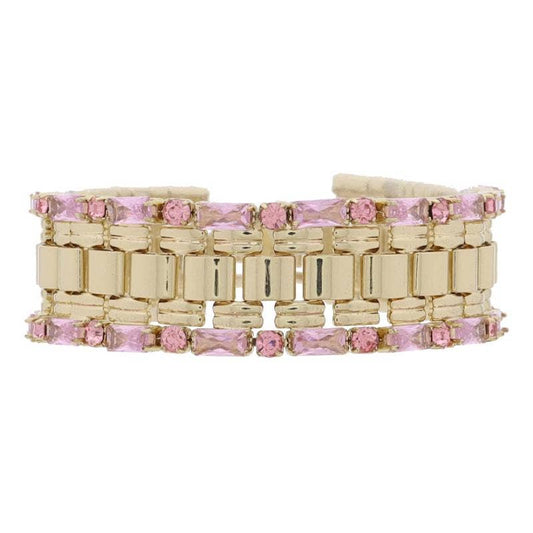 Gold Watch Band with Pink Baguette & Crystal Edge Bracelet