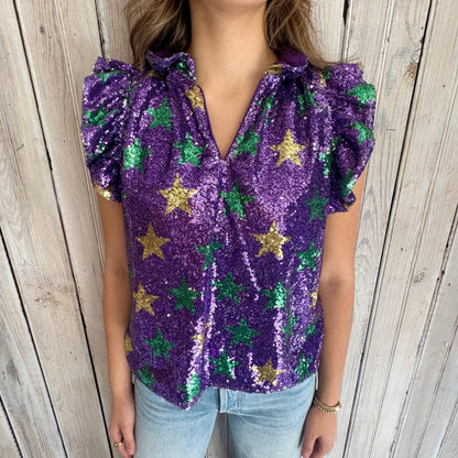 NM Mardi Gras Star Sequin Flutter Sleeve