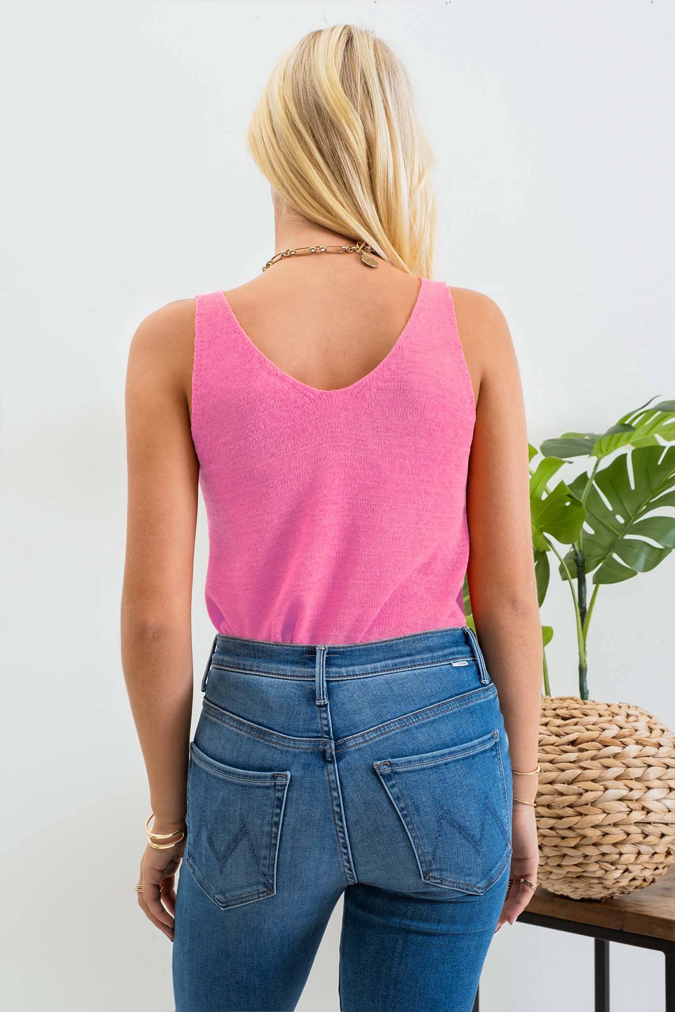 Bright pink sleeveless KNIT TANK TOP with scoop neckline and solid knit design from Fashion Nova.