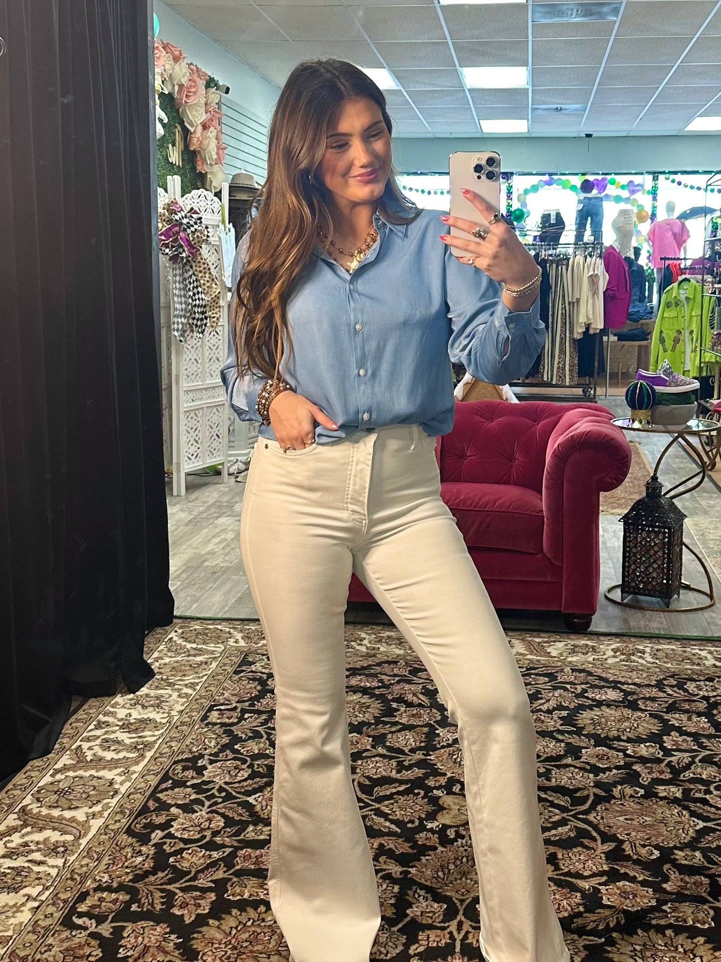 Silky Chambray Button Up Blouse