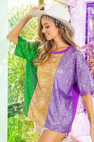 Mardi Gras Sequin Color Block Top