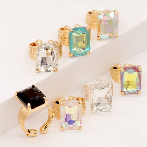 Square Glass Cushion Cut Cocktail Adjustable Wire Ring