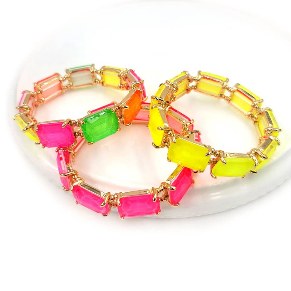 Rectangular Glass Crystal Linked Stretch Bracelet