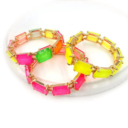 Rectangular Glass Crystal Linked Stretch Bracelet