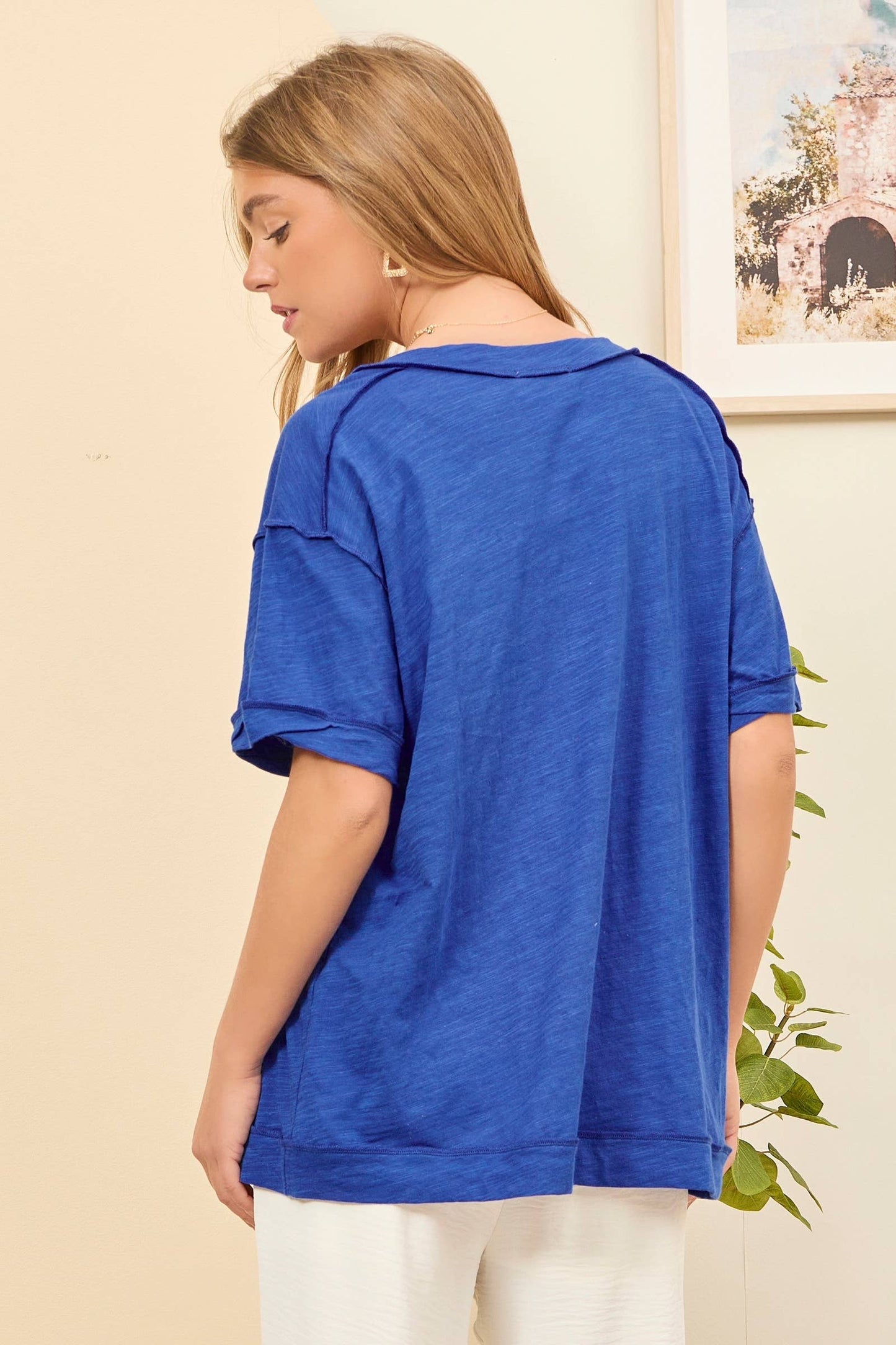 Raw Edge Detail Cotton V Neck Top