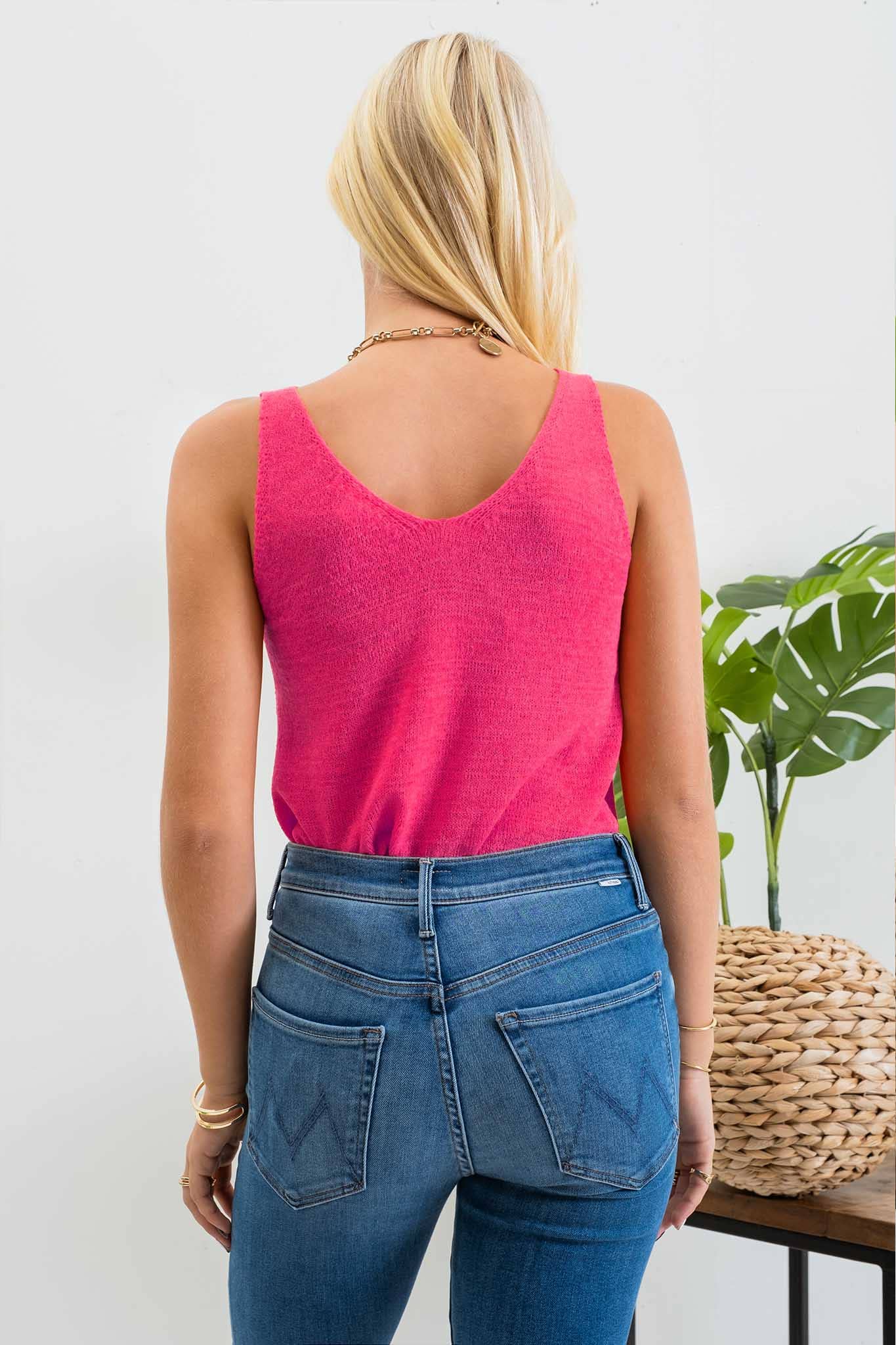 Solid pink KNIT TANK TOP with scoop neckline, sleeveless, 55% acrylic 45% nylon, perfect for casual summer wear.