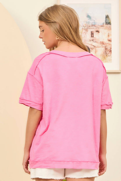 Raw Edge Detail Cotton V Neck Top