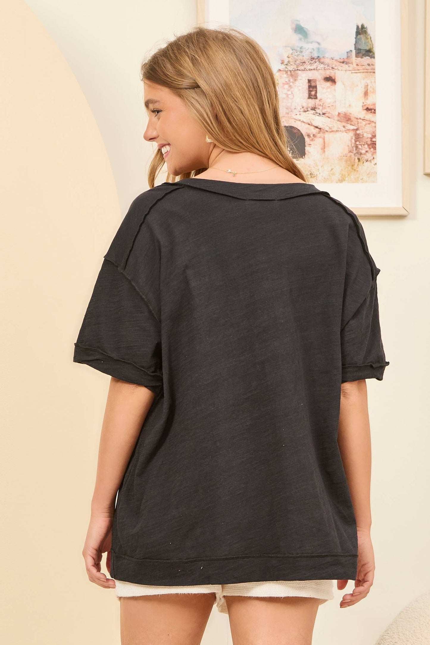 Raw Edge Detail Cotton V Neck Top