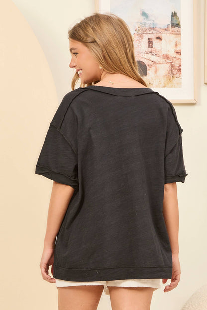 Raw Edge Detail Cotton V Neck Top