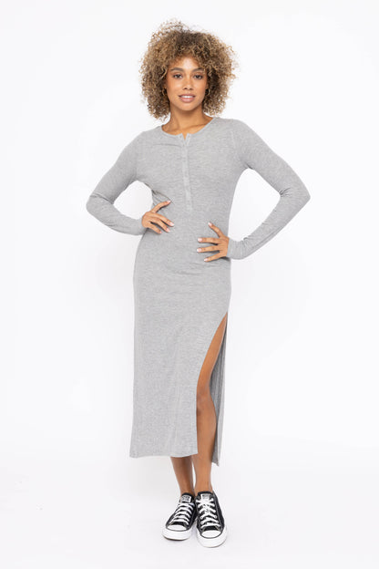 Long Sleeve Ribbed Henley Maxi Dress