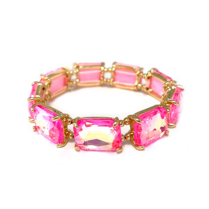 Rectangular Glass Crystal Linked Stretch Bracelet