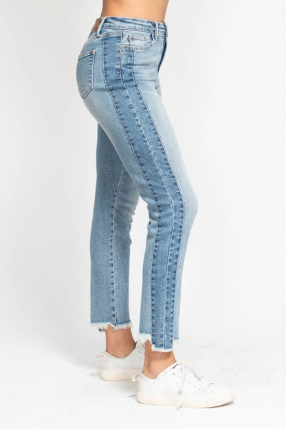 The Side Hustle Straight jeans in HW Vintage Wash with side panel detail and hi-lo fray hem.