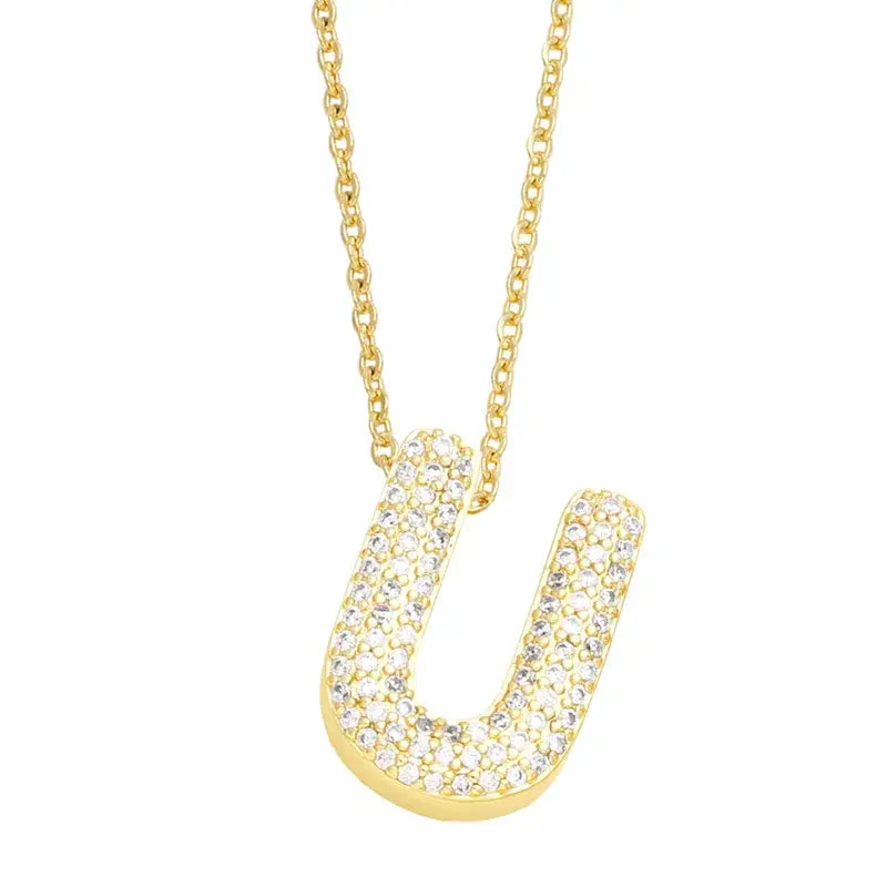 Gold Rhinestone Letter Initial Pendant Necklace Jewelry