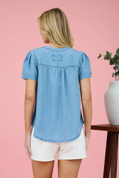 CHAMBRAY HALF BUTTON BLOUSE