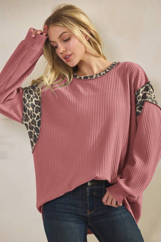 Animal Contrast Top in pink ribbed knit with leopard-print contrast shoulders and neckline, long sleeves.