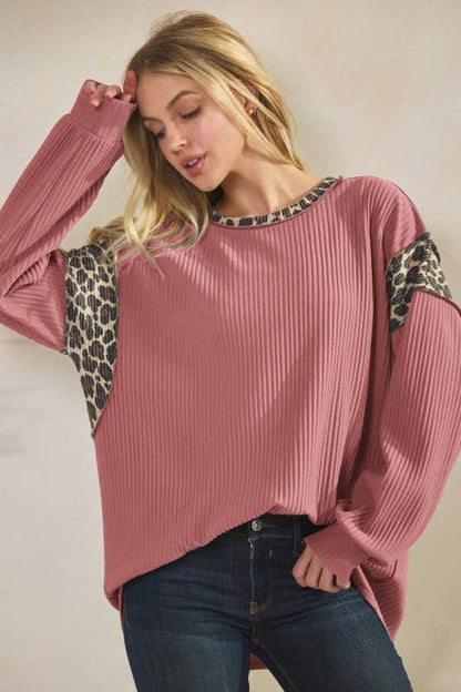 Animal Contrast Top in pink ribbed knit with leopard-print contrast shoulders and neckline, long sleeves.