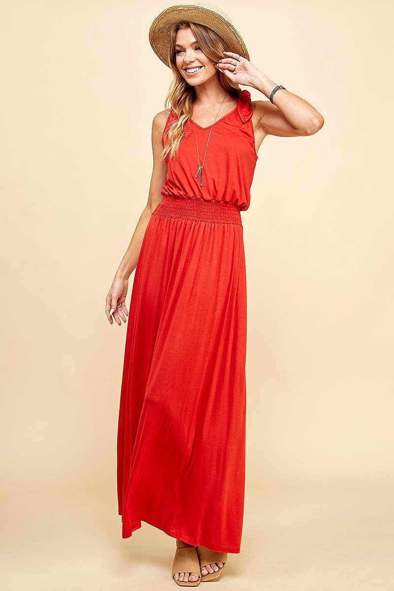Stylish SPD7006P - PLUS SIZE SOLID SMOCKING WAISTBAND MAXI DRESS, perfect for comfort and timeless fashion.