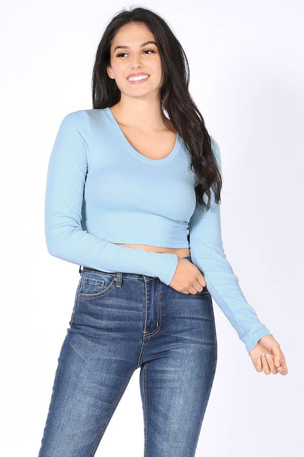 Solid color ribbed fabric v neck long sleeve crop tee: White
