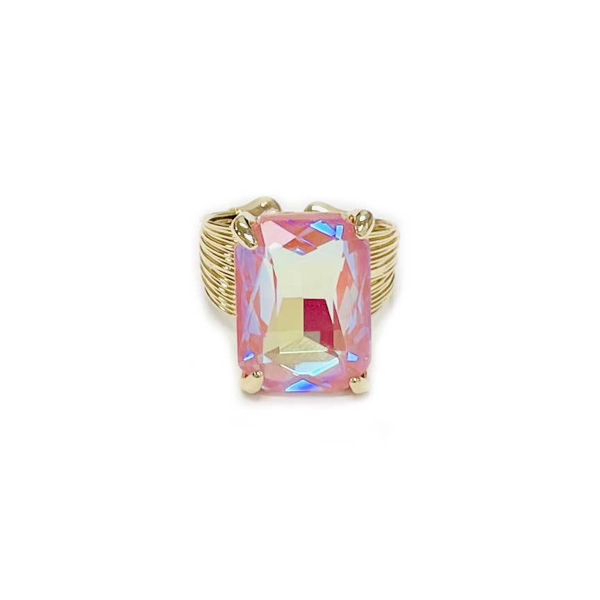 Square Glass Cushion Cut Cocktail Adjustable Wire Ring