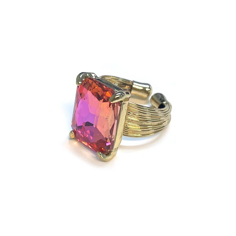 Square Glass Cushion Cut Cocktail Adjustable Wire Ring