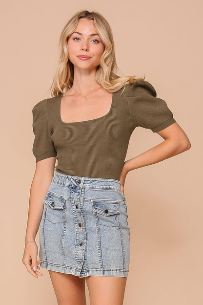 Puff Sleeve Sweater Ribbed Knit Top 3