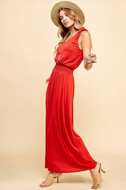 Stylish SPD7006P - PLUS SIZE SOLID SMOCKING WAISTBAND MAXI DRESS, perfect for comfort and elegance.