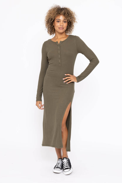 Long Sleeve Ribbed Henley Maxi Dress