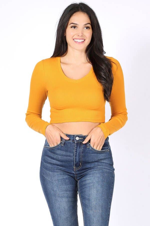 Solid color ribbed fabric v neck long sleeve crop tee: White