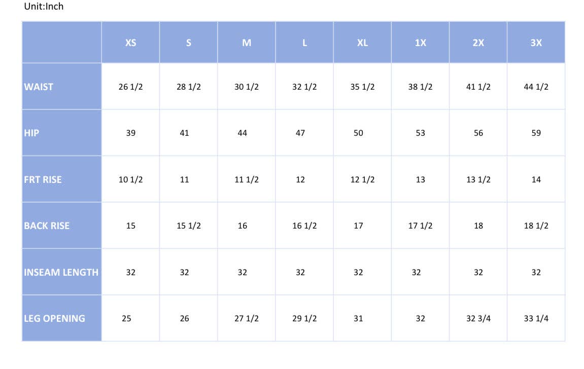 CHARLIE CINCH HEM WIDE LEG JEANS size chart: waist, hip, rise, inseam, and leg opening by XS–3X (inches).