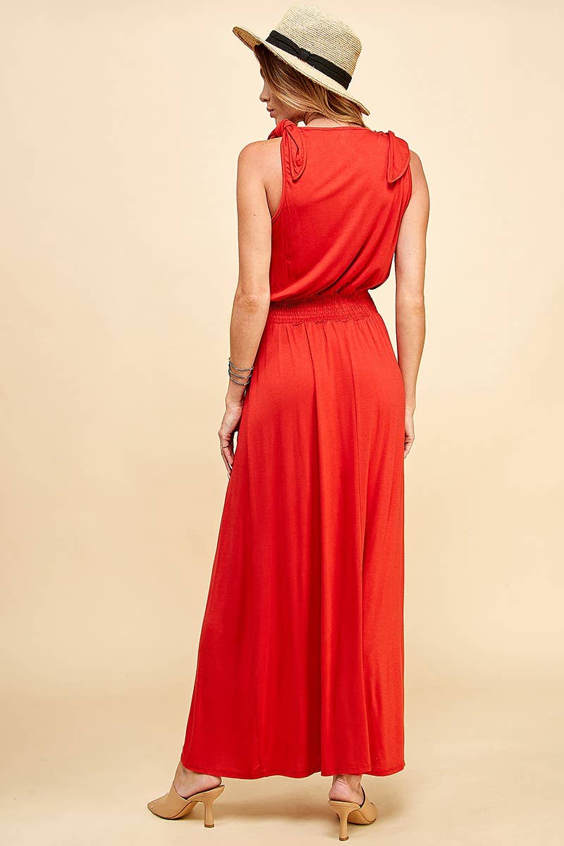Flattering SPD7006P - PLUS SIZE SOLID SMOCKING WAISTBAND MAXI DRESS in vibrant red, perfect for stylish comfort.