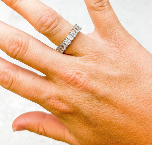 Cubic Zirconia Trapezoid Eternity Ring - Silver
