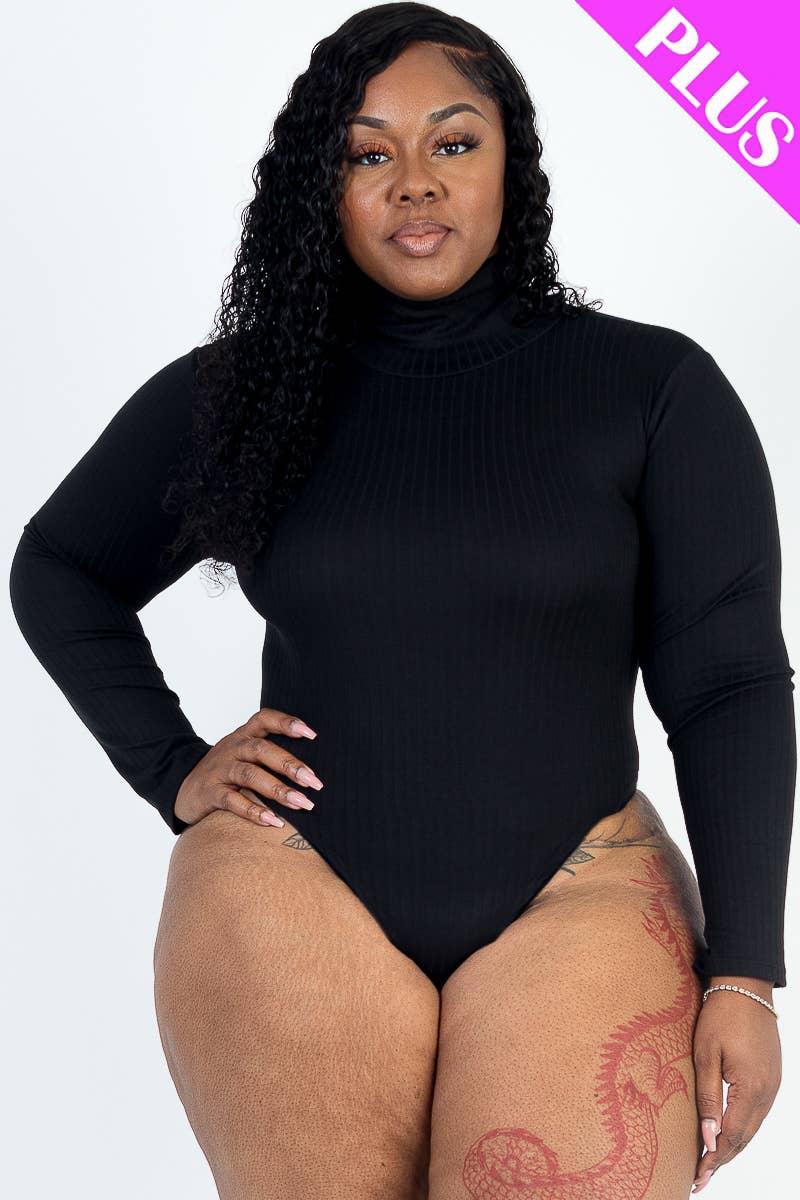 Plus Size Ribbed Turtle Neck Long Sleeve Bodysuit