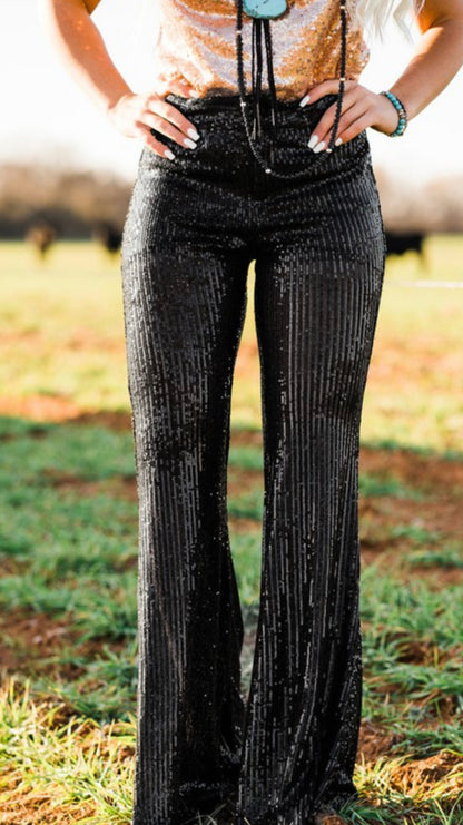 Black Sequin Flare Pants